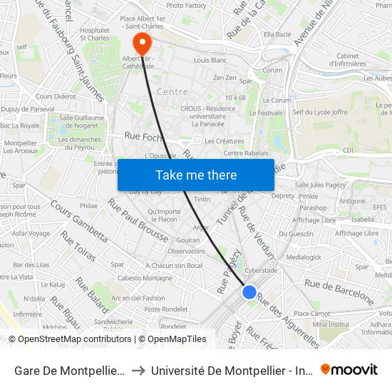 Gare De Montpellier Saint-Roch to Université De Montpellier - Institut De Biologie map