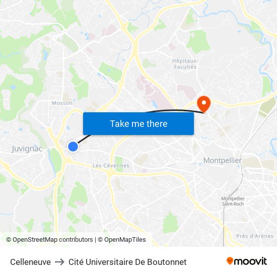 Celleneuve to Cité Universitaire De Boutonnet map