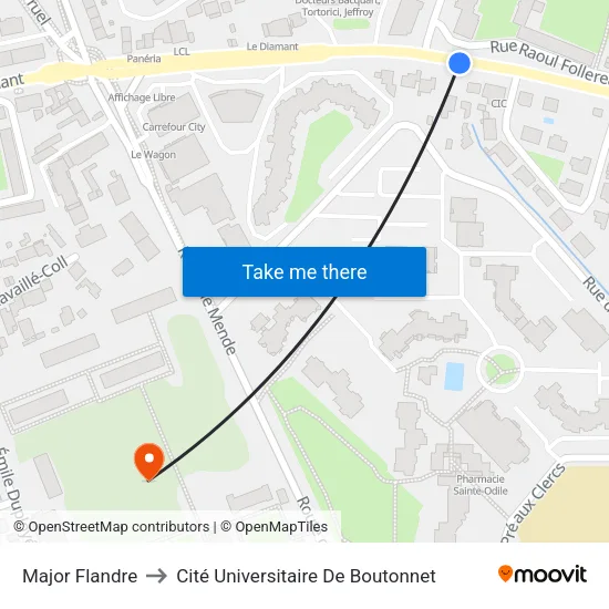 Major Flandre to Cité Universitaire De Boutonnet map
