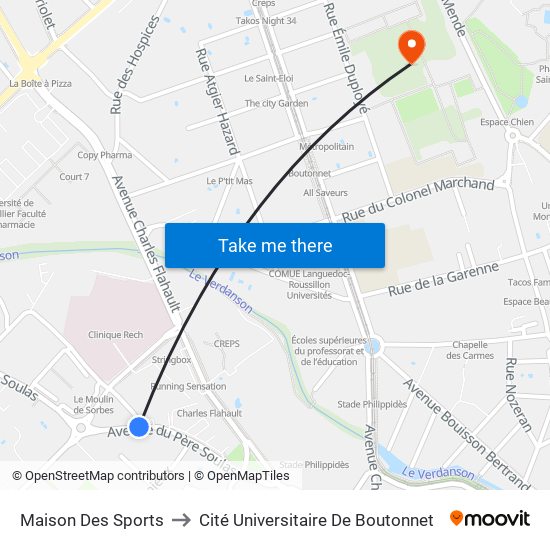 Maison Des Sports to Cité Universitaire De Boutonnet map