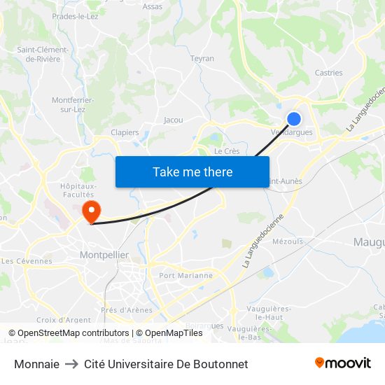 Monnaie to Cité Universitaire De Boutonnet map