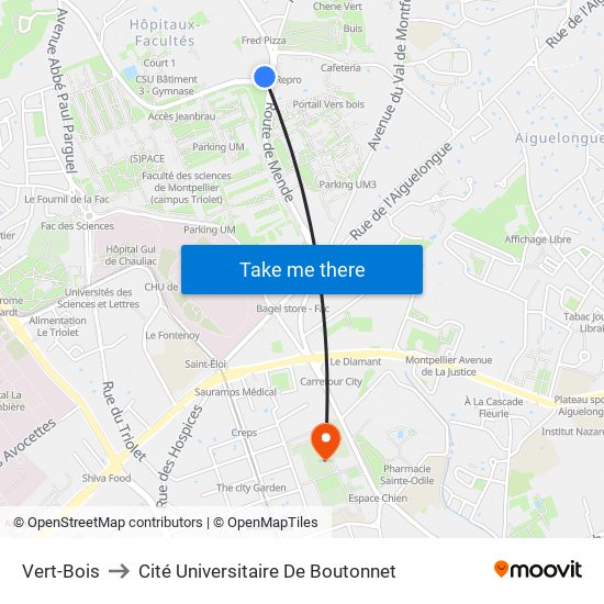 Vert-Bois to Cité Universitaire De Boutonnet map