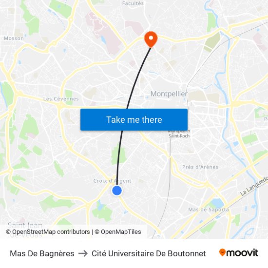 Mas De Bagnères to Cité Universitaire De Boutonnet map