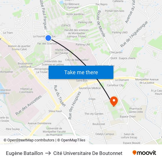 Eugène Bataillon to Cité Universitaire De Boutonnet map