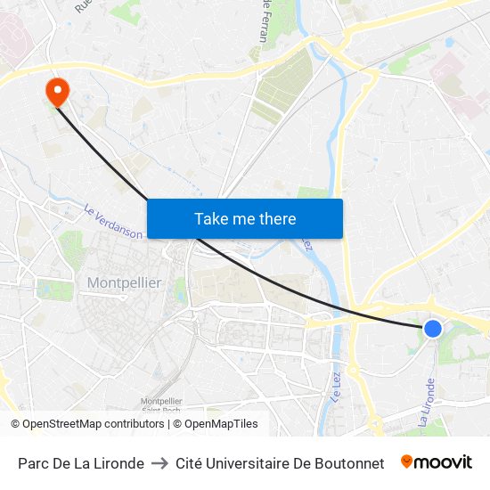 Parc De La Lironde to Cité Universitaire De Boutonnet map