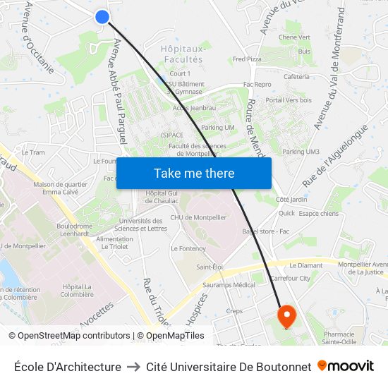 École D'Architecture to Cité Universitaire De Boutonnet map