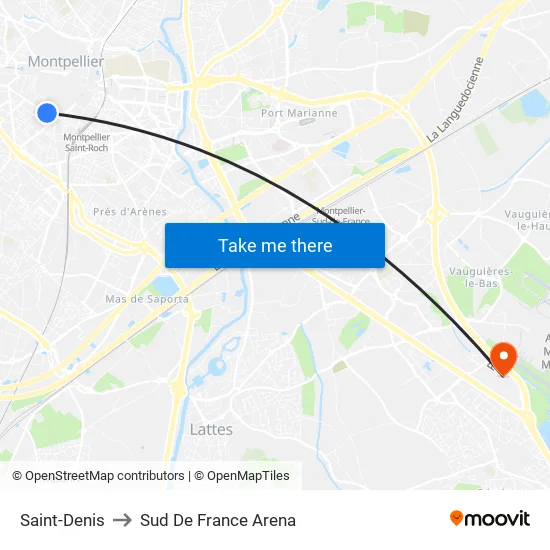 Saint-Denis to Sud De France Arena map