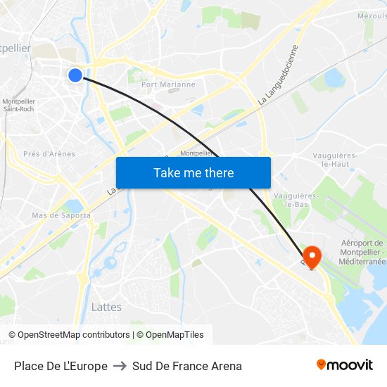 Place De L'Europe to Sud De France Arena map