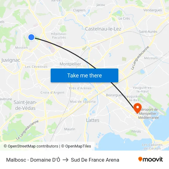 Malbosc - Domaine D'Ô to Sud De France Arena map