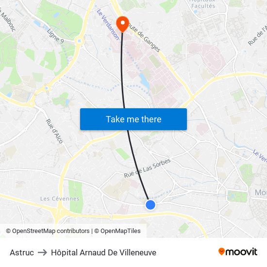 Astruc to Hôpital Arnaud De Villeneuve map