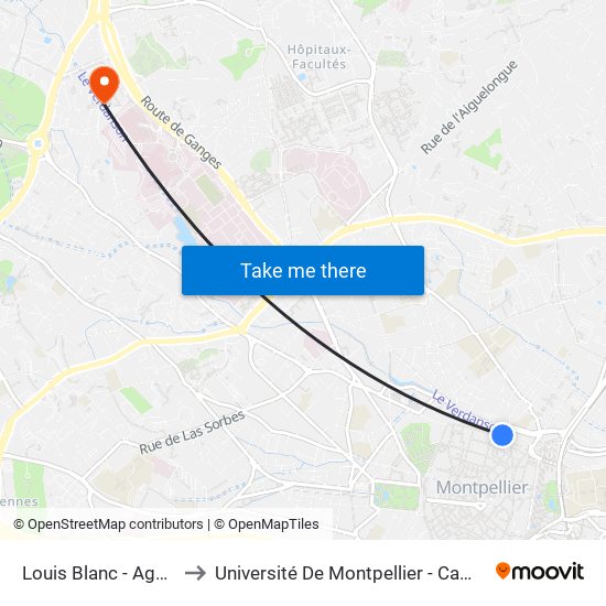 Louis Blanc - Agora De La Danse to Université De Montpellier - Campus Arnaud De Villeneuve map