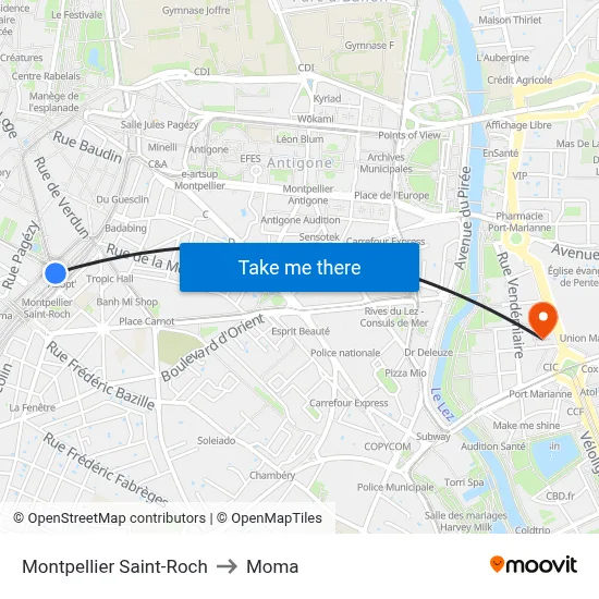 Montpellier Saint-Roch to Moma map