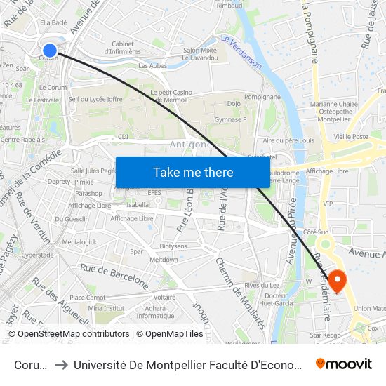 Corum to Université De Montpellier Faculté D'Economie map