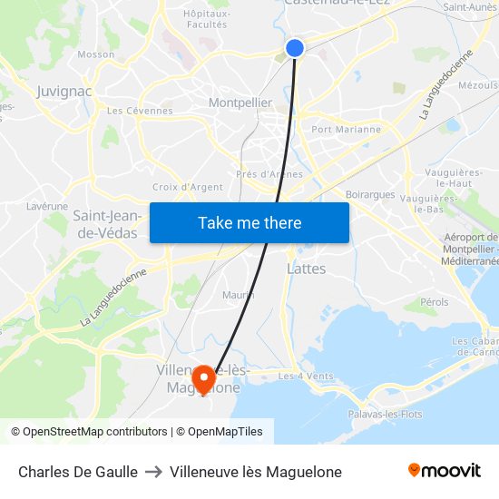 Charles De Gaulle to Villeneuve lès Maguelone map