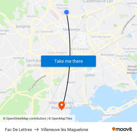 Fac De Lettres to Villeneuve lès Maguelone map