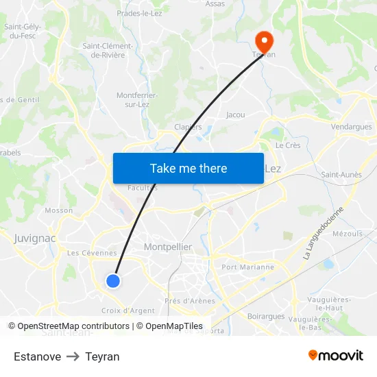 Estanove to Teyran map