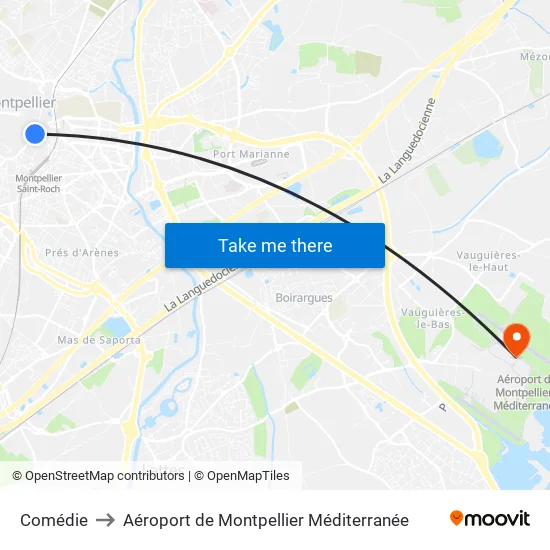 Comédie to Aéroport de Montpellier Méditerranée map