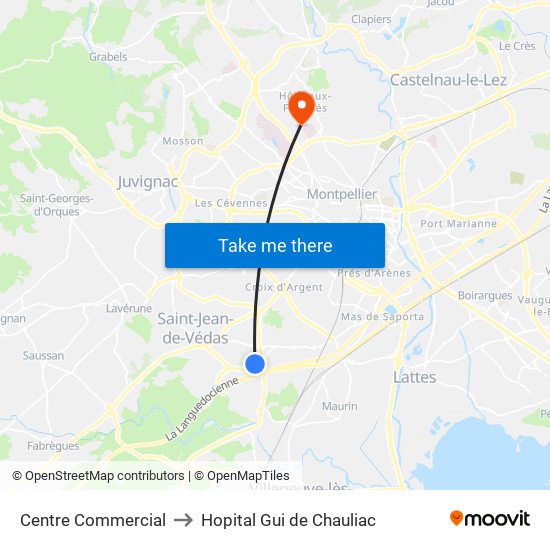 Centre Commercial to Hopital Gui de Chauliac map
