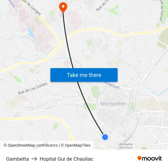 Gambetta to Hopital Gui de Chauliac map