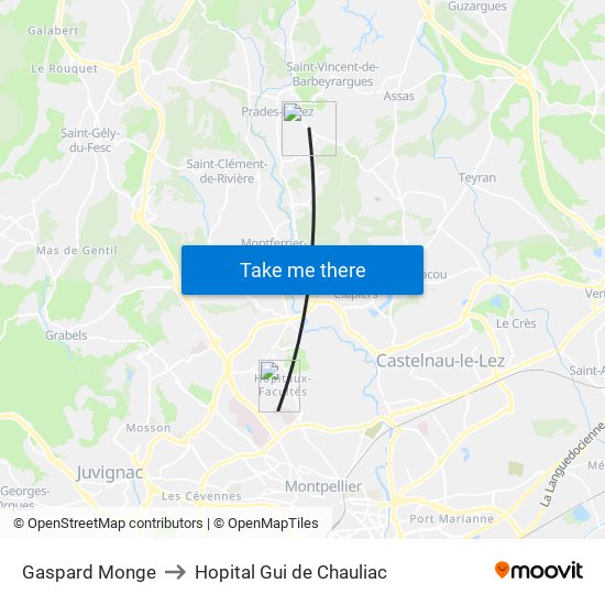 Gaspard Monge to Hopital Gui de Chauliac map