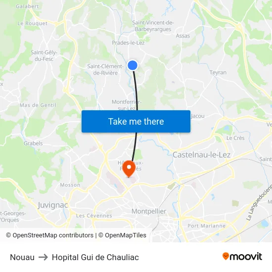 Nouau to Hopital Gui de Chauliac map