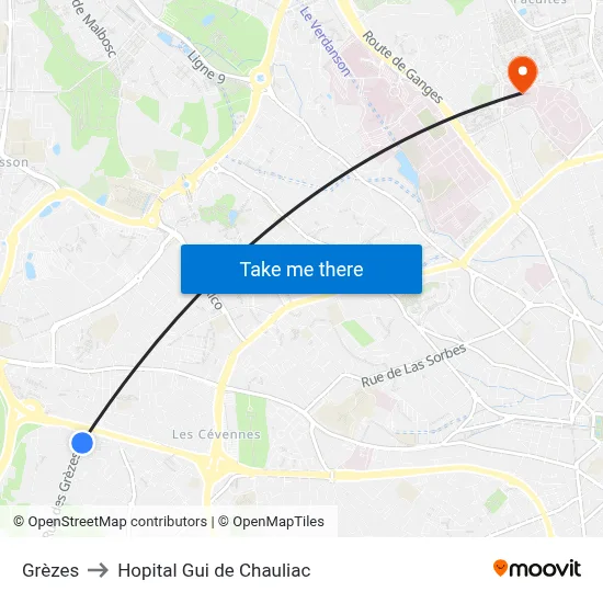 Grèzes to Hopital Gui de Chauliac map