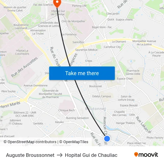 Auguste Broussonnet to Hopital Gui de Chauliac map