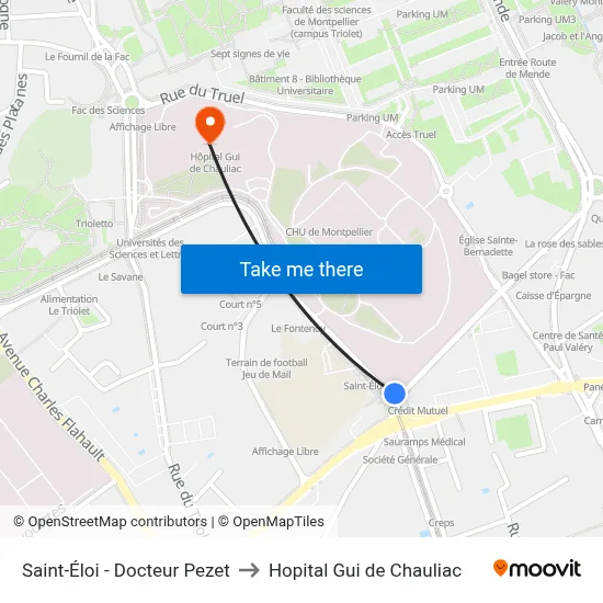 Saint-Éloi - Docteur Pezet to Hopital Gui de Chauliac map