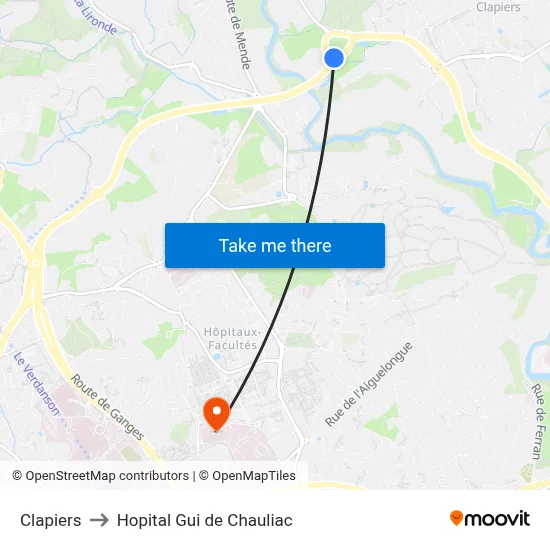 Clapiers to Hopital Gui de Chauliac map