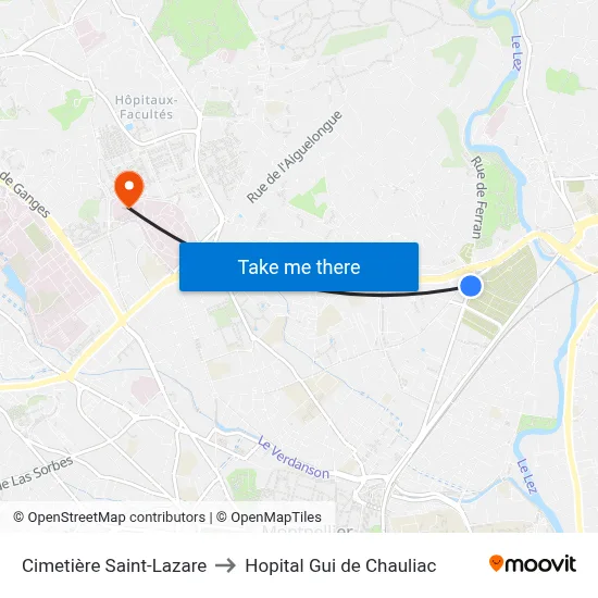Cimetière Saint-Lazare to Hopital Gui de Chauliac map
