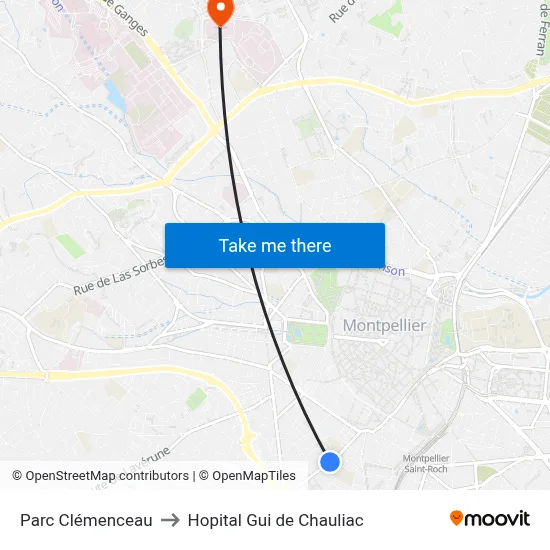 Parc Clémenceau to Hopital Gui de Chauliac map