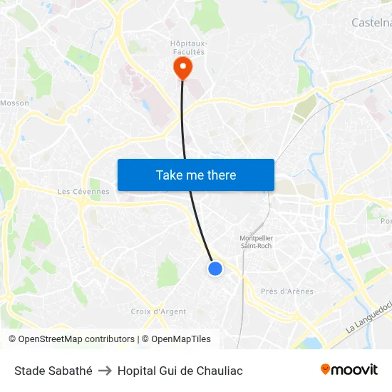 Stade Sabathé to Hopital Gui de Chauliac map