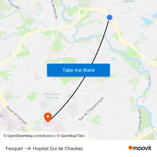 Fesquet to Hopital Gui de Chauliac map