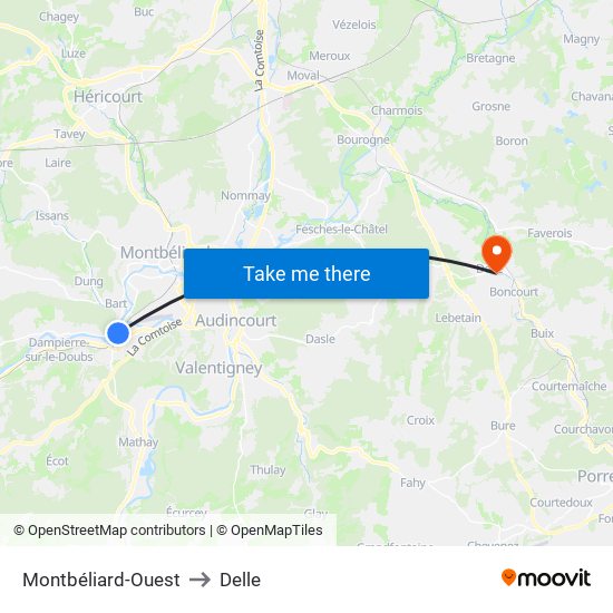 Montbéliard-Ouest to Delle map