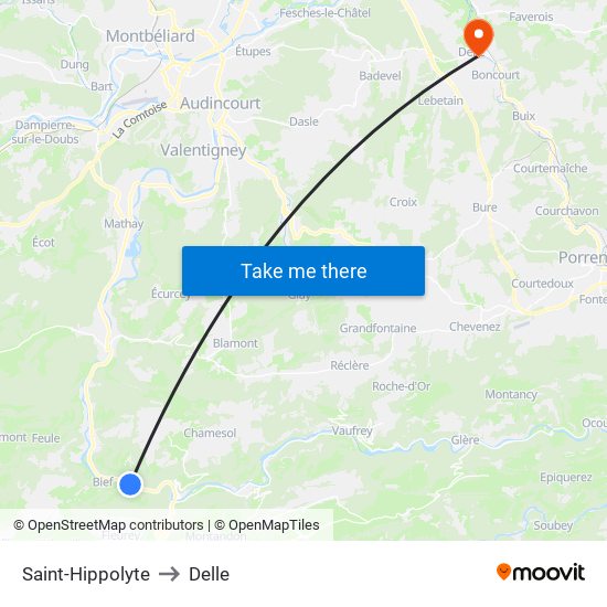 Saint-Hippolyte to Delle map