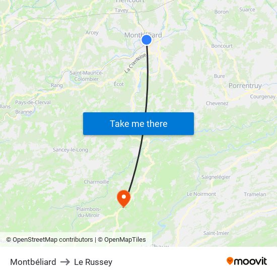 Montbéliard to Le Russey map