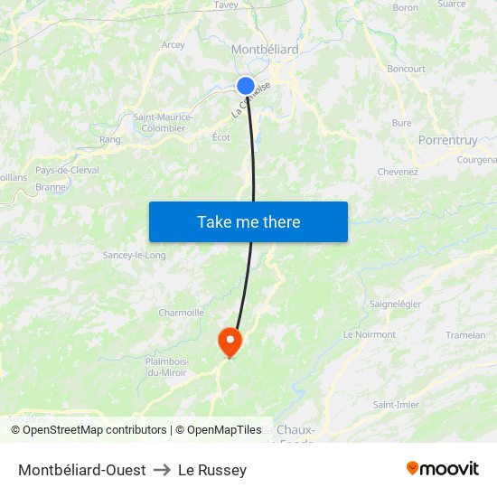 Montbéliard-Ouest to Le Russey map