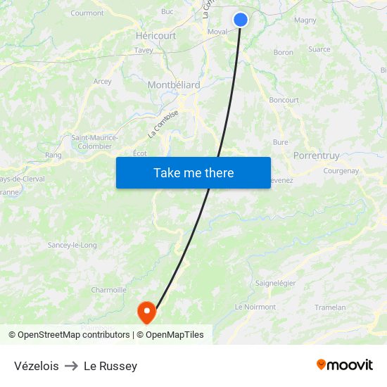 Vézelois to Le Russey map