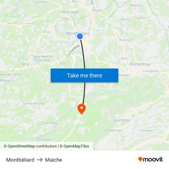 Montbéliard to Maîche map