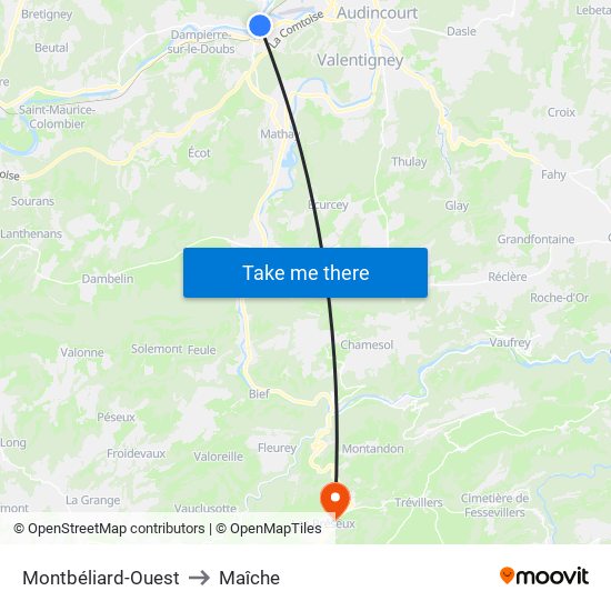 Montbéliard-Ouest to Maîche map
