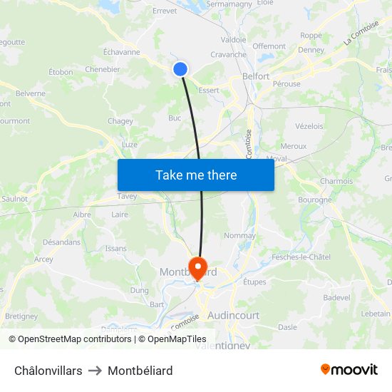 Châlonvillars to Montbéliard map