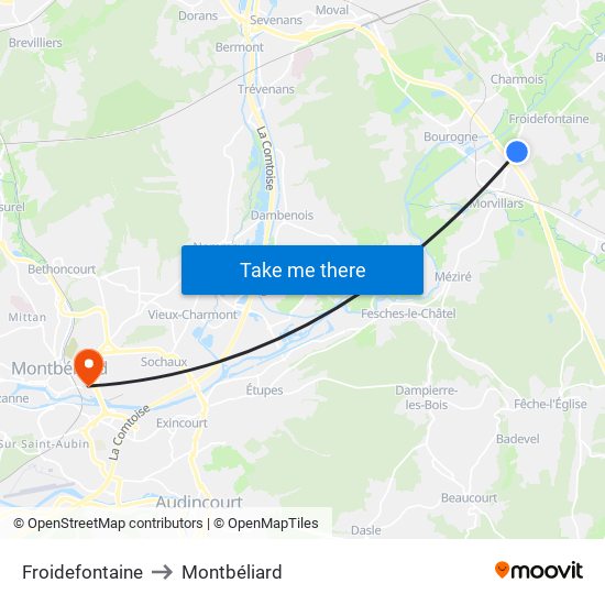 Froidefontaine to Montbéliard map