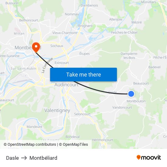 Dasle to Montbéliard map