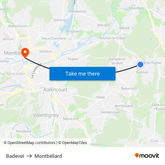 Badevel to Montbéliard map