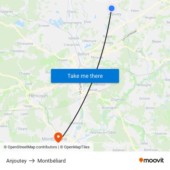 Anjoutey to Montbéliard map