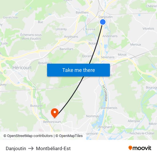 Danjoutin to Montbéliard-Est map