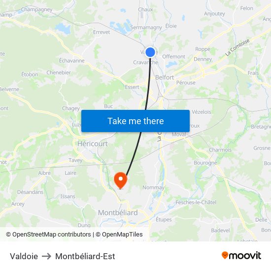 Valdoie to Montbéliard-Est map