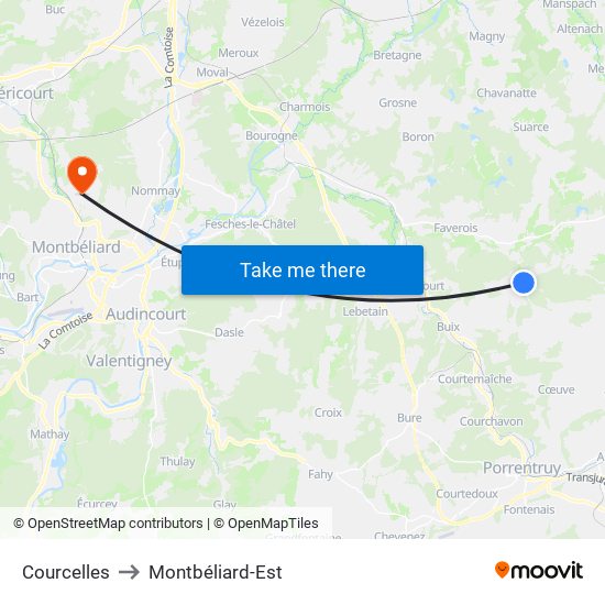 Courcelles to Montbéliard-Est map