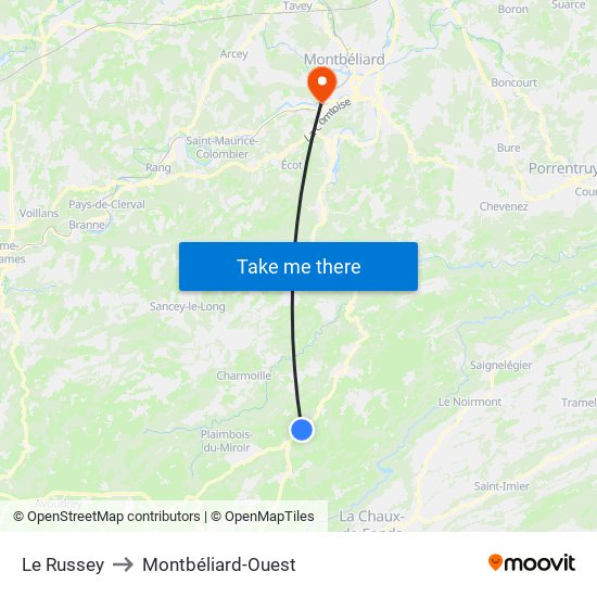 Le Russey to Montbéliard-Ouest map