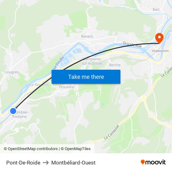 Pont-De-Roide to Montbéliard-Ouest map